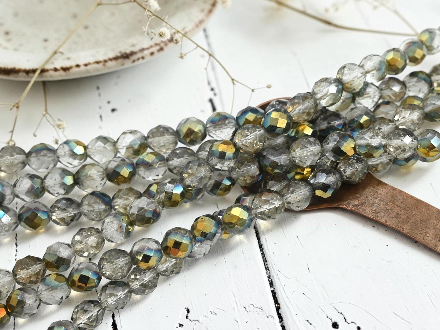 Old Stock Czech Glass 10mm Fire Polished Faceted Round Beads - Vintage Gold Washed Crystal - 20pcs (B629)