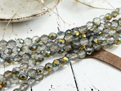 Old Stock Czech Glass 10mm Fire Polished Faceted Round Beads - Vintage Gold Washed Crystal - 20pcs (B629)