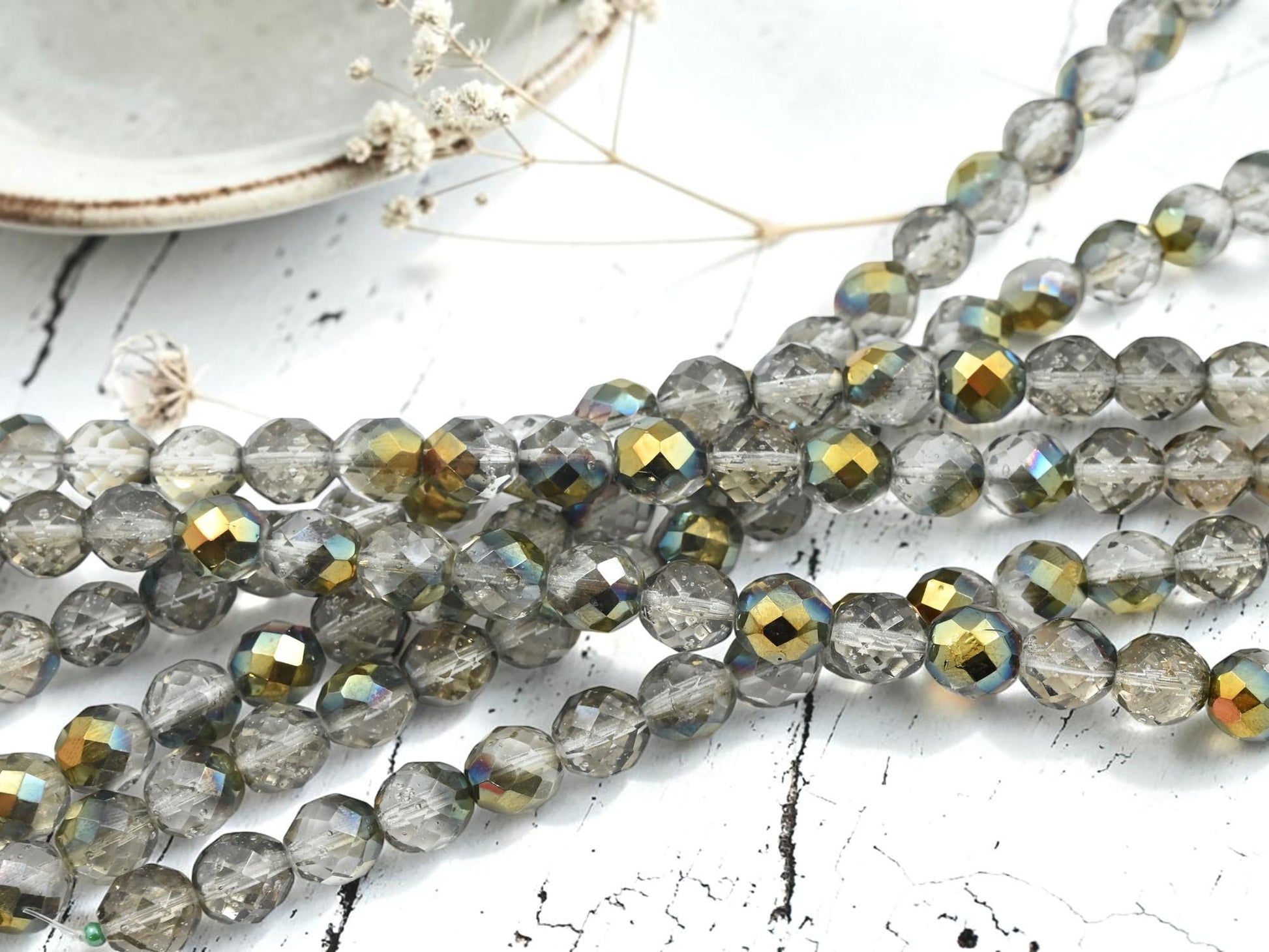 Old Stock Czech Glass 10mm Fire Polished Faceted Round Beads - Vintage Gold Washed Crystal - 20pcs (B629)