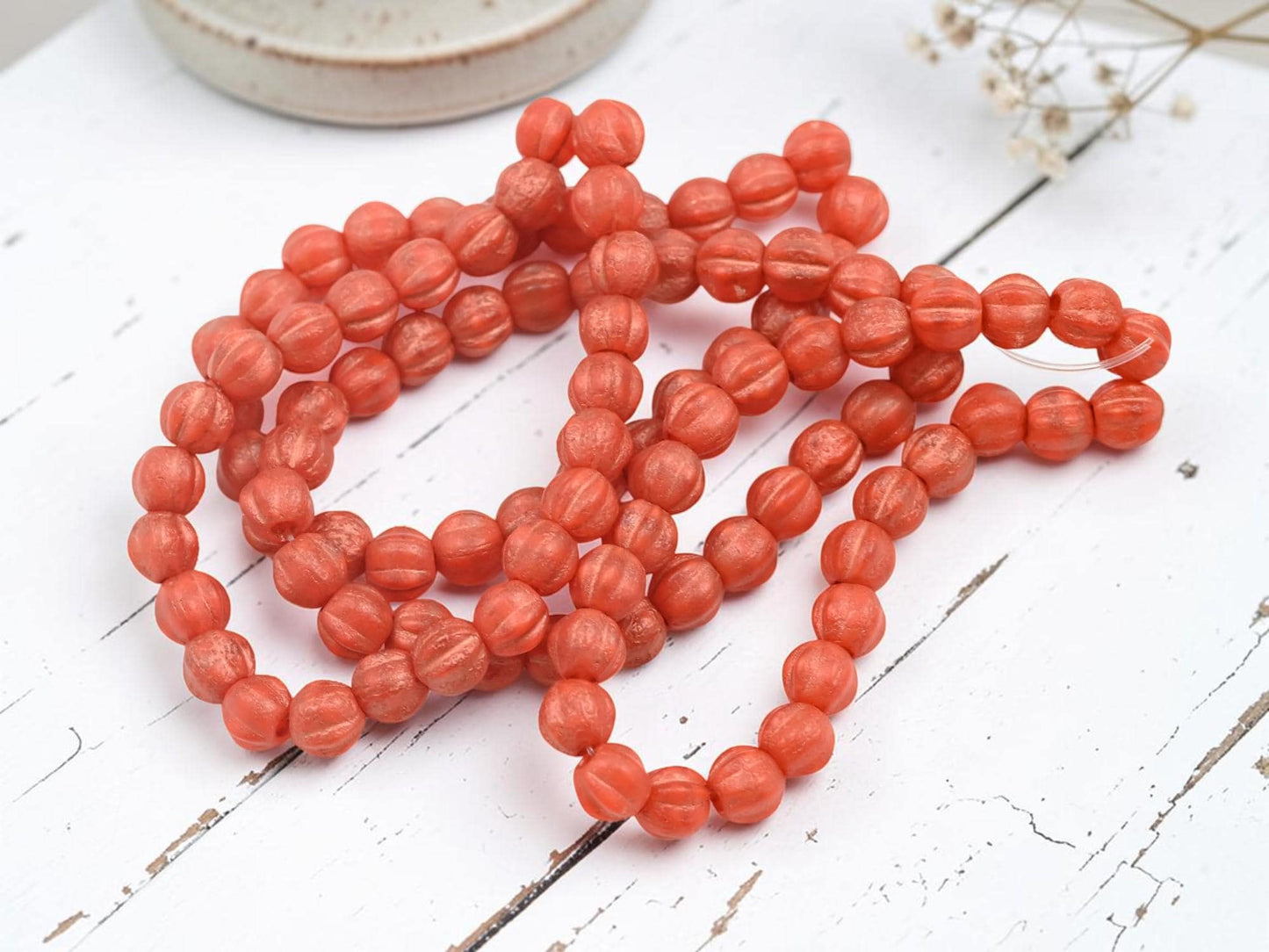 Czech Glass Large Hole Round Melon Beads - Copper Washed Etched Orange - 6mm - 25pcs - (284)