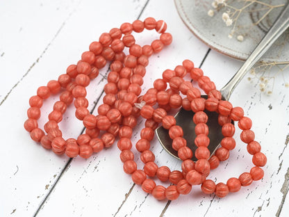 Czech Glass Large Hole Round Melon Beads - Copper Washed Etched Orange - 6mm - 25pcs - (284)