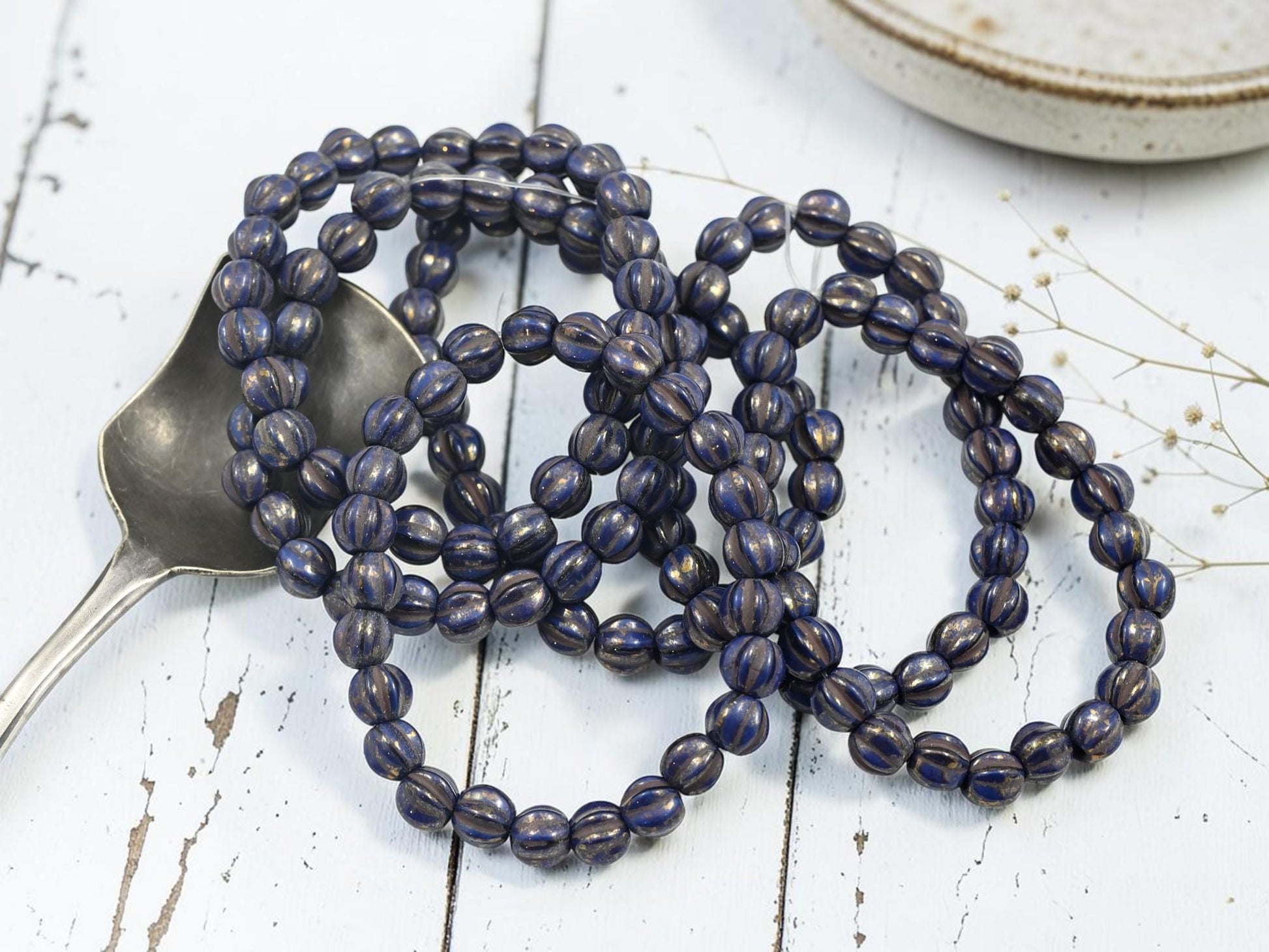 Czech Glass Large Hole Round Melon Beads - Gold Lustered Indigo - 6mm - 25pcs - (1820)