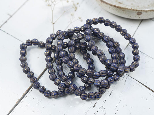 Czech Glass Large Hole Round Melon Beads - Gold Lustered Indigo - 6mm - 25pcs - (1820)