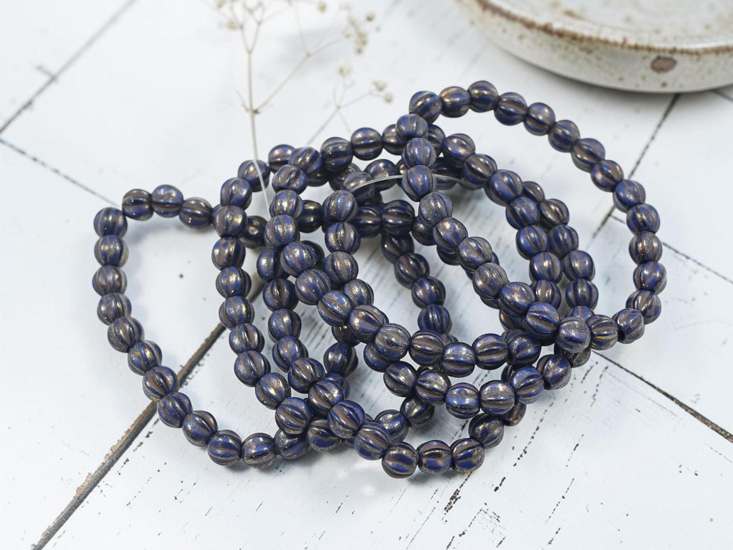 Czech Glass Large Hole Round Melon Beads - Gold Lustered Indigo - 6mm - 25pcs - (1820)