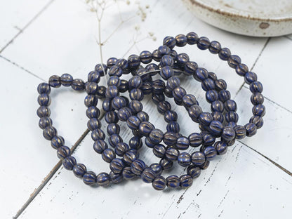Czech Glass Large Hole Round Melon Beads - Gold Lustered Indigo - 6mm - 25pcs - (1820)