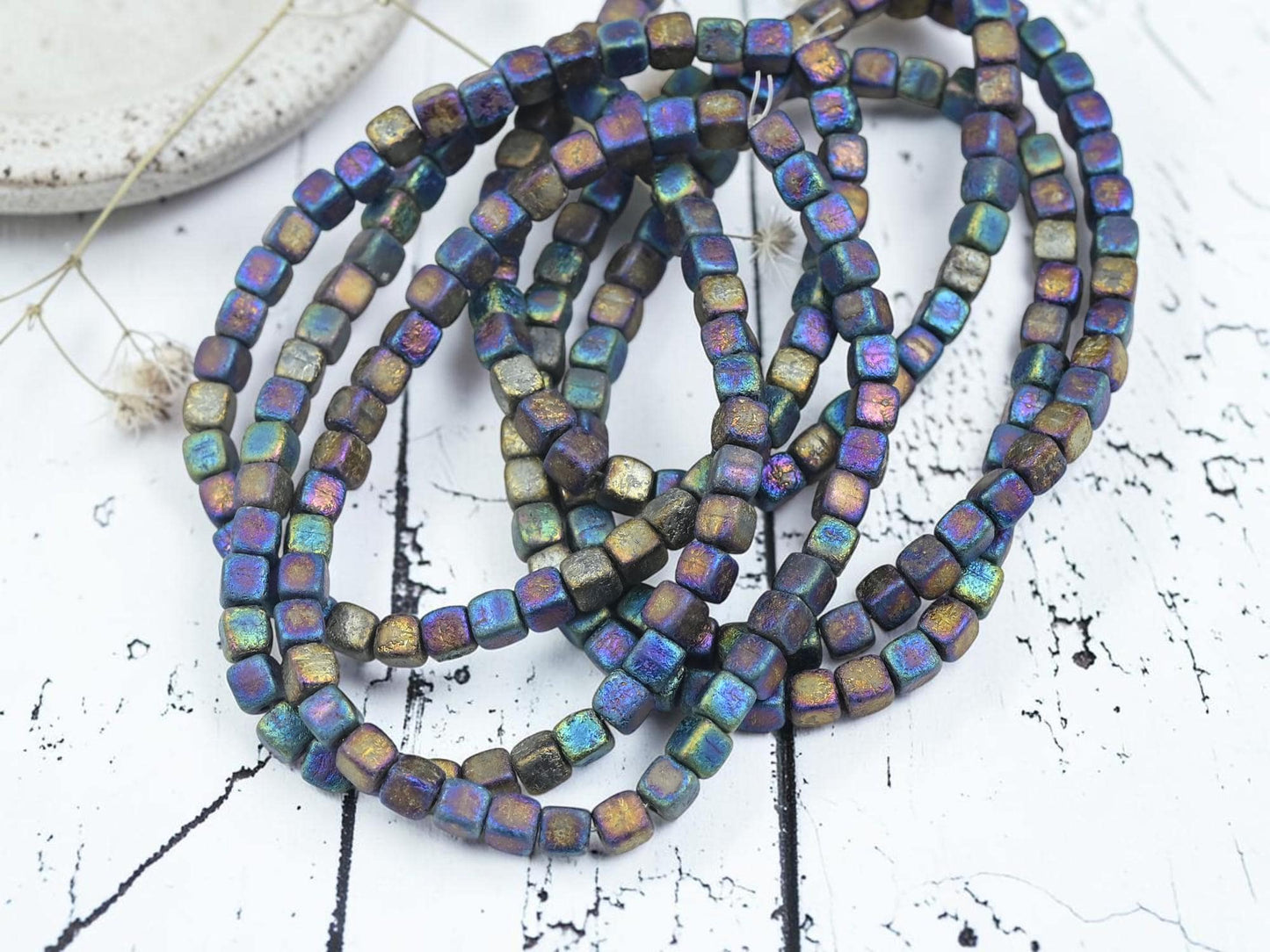 Czech Glass Cube Beads - Etched Blue Purple Iris - 4mm - 40pcs - (2509)