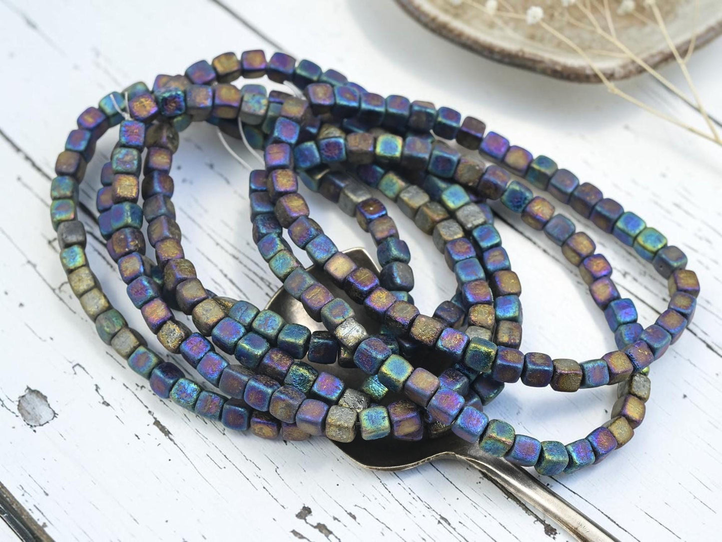Czech Glass Cube Beads - Etched Blue Purple Iris - 4mm - 40pcs - (2509)