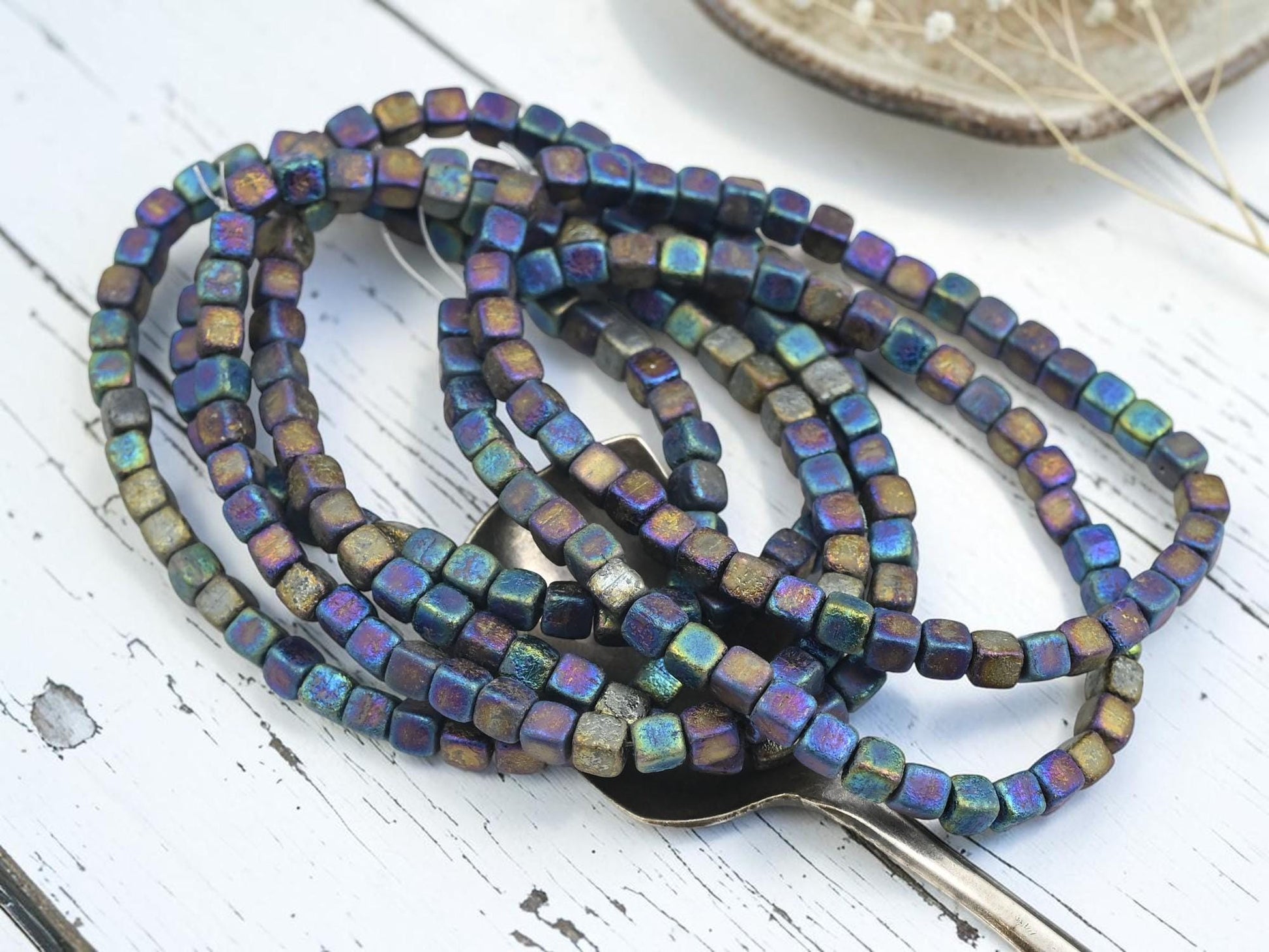 Czech Glass Cube Beads - Etched Blue Purple Iris - 4mm - 40pcs - (2509)