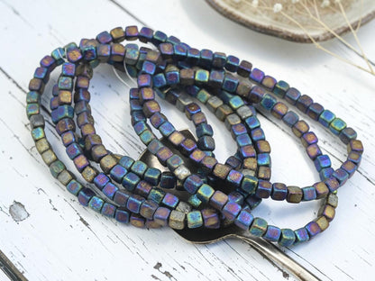 Czech Glass Cube Beads - Etched Blue Purple Iris - 4mm - 40pcs - (2509)