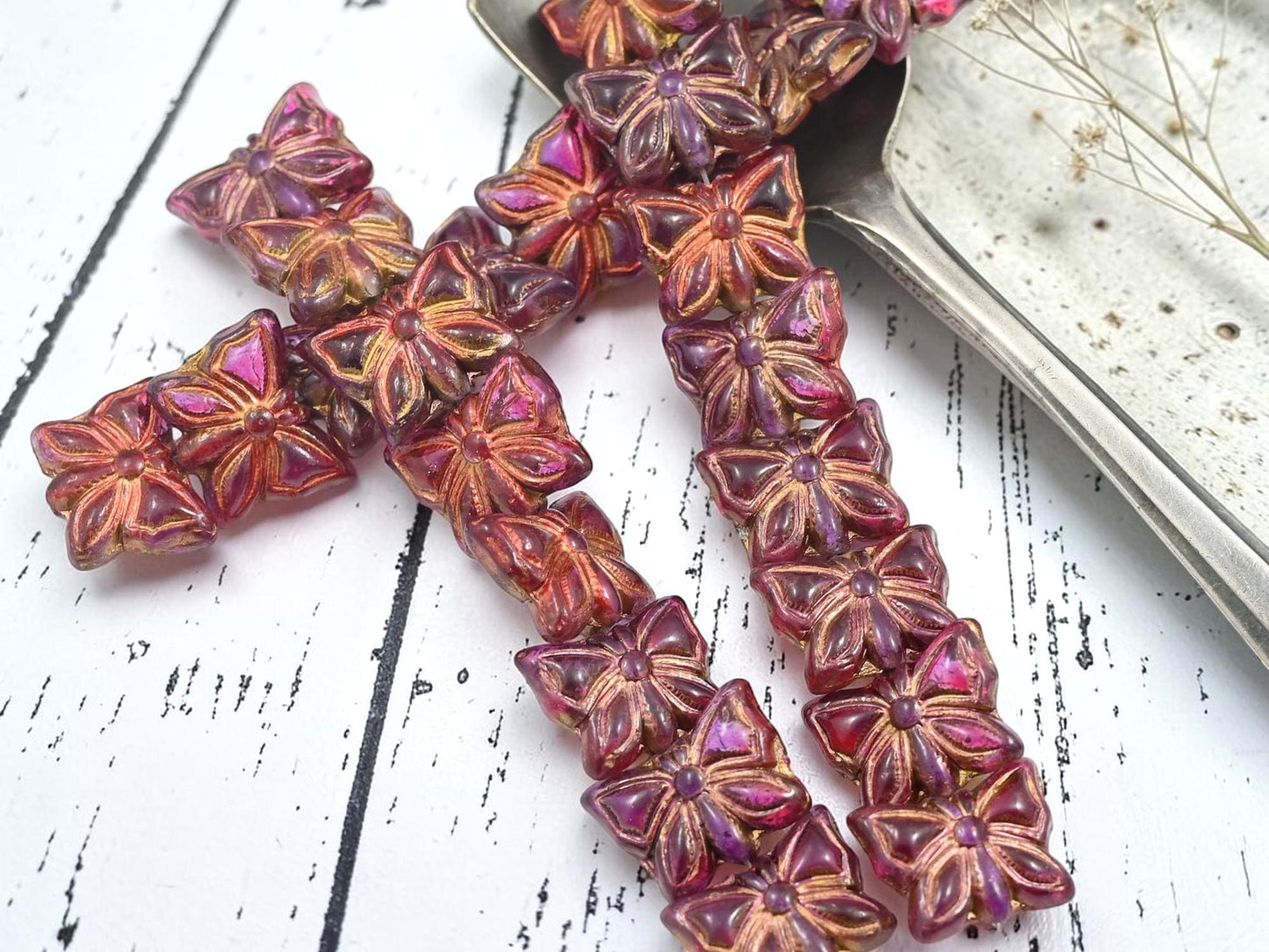 Czech Glass Butterfly Beads - Gold Washed Fuschia Amethyst - 15x11mm - 8pcs - (1868)
