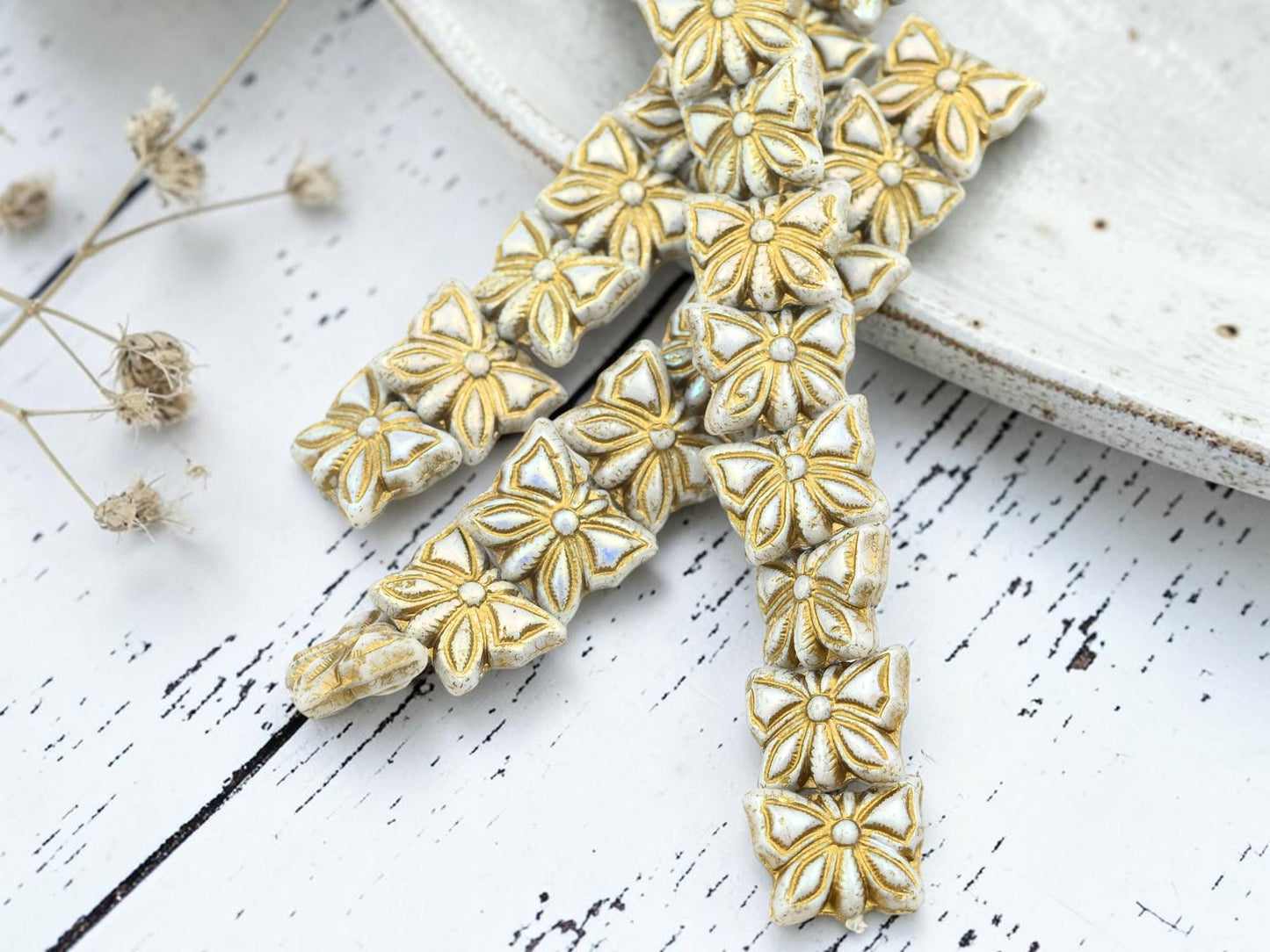 Czech Glass Butterfly Beads - Gold Washed Ivory AB - 15x11mm - 8pcs - (2060)