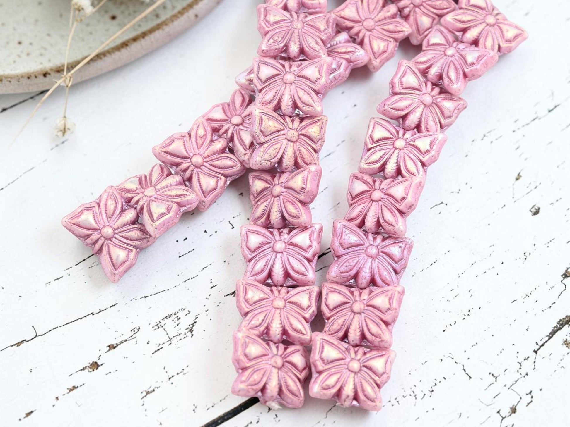Czech Glass Butterfly Beads - Pink Washed Pink AB - 15x11mm - 8pcs - (335)