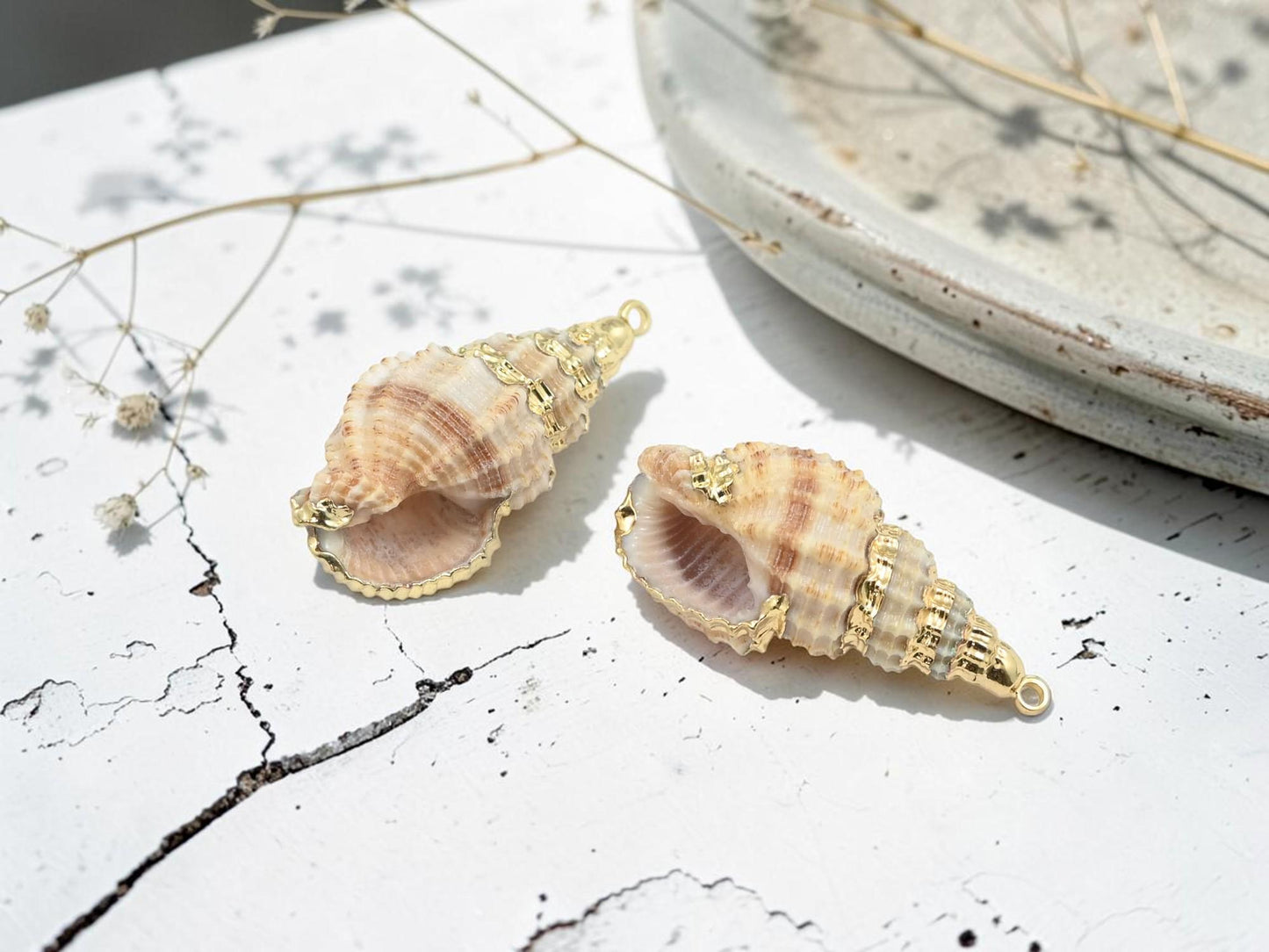 Gold Plated Brass Natural Seashell Charm Pendants - 2pc - (4583)