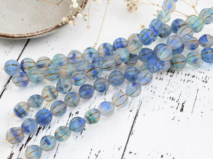 Czech Glass Round Melon Beads - 10mm - Bronze Washed Matte Blue Aqua Crystal - 15pcs - (2783)