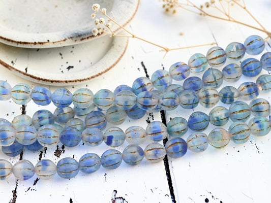 Czech Glass Round Melon Beads - 10mm - Bronze Washed Matte Blue Aqua Crystal - 15pcs - (2783)