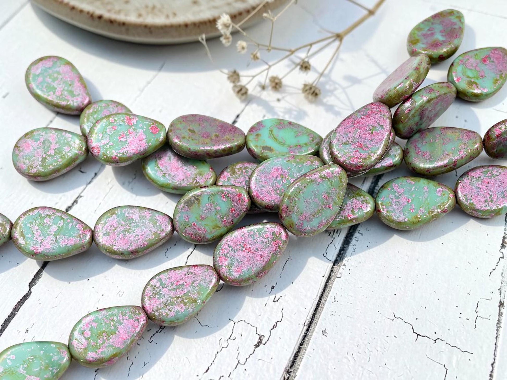 Czech Glass Flat Tear Drop Beads - Pink Washed Sea Green - 8pcs - 18x12mm - (A317)