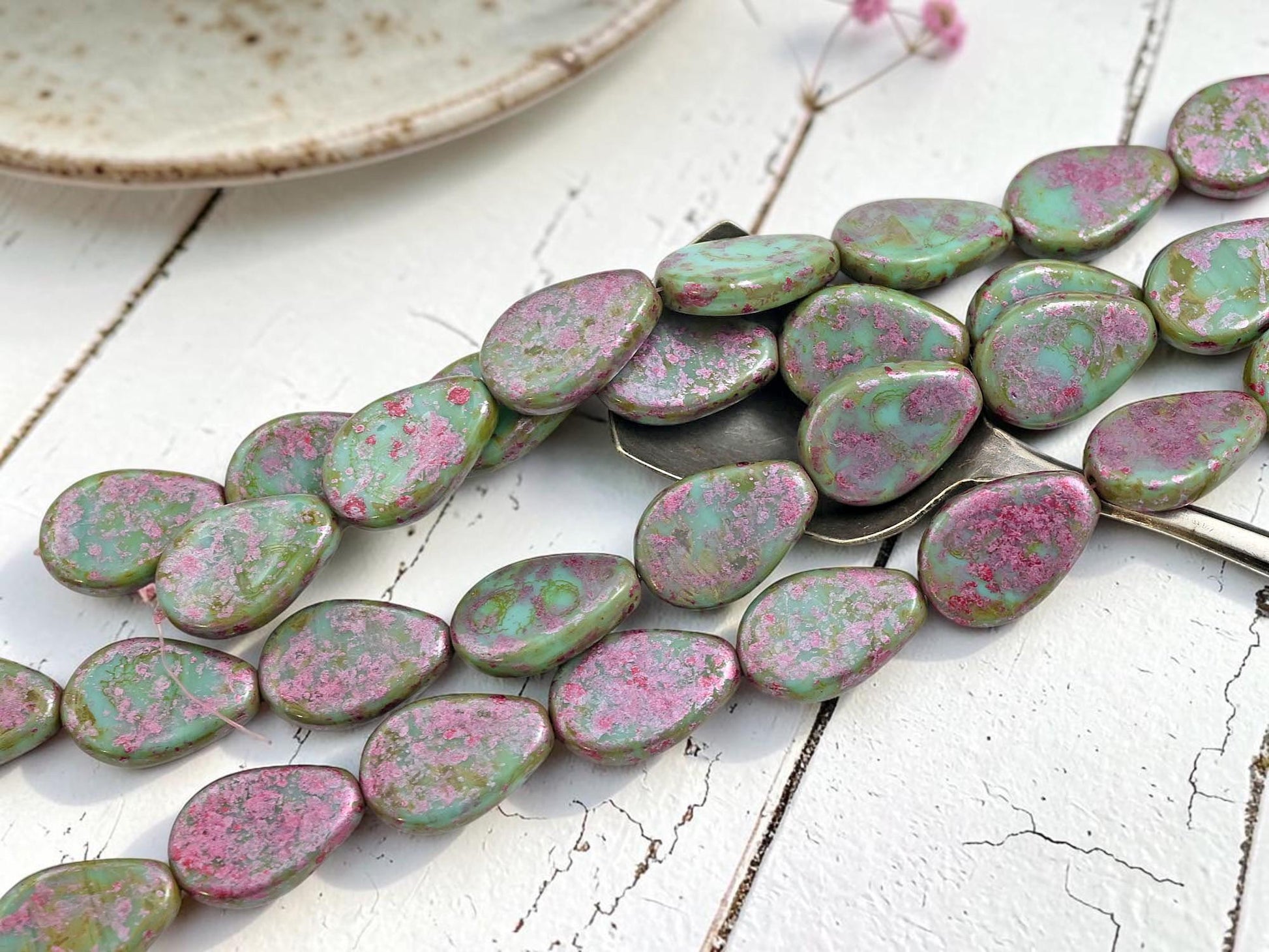 Czech Glass Flat Tear Drop Beads - Pink Washed Sea Green - 8pcs - 18x12mm - (A317)