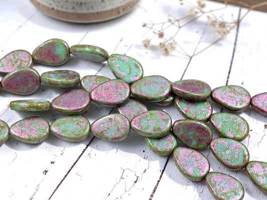 Czech Glass Flat Tear Drop Beads - Pink Washed Sea Green - 8pcs - 18x12mm - (A317)