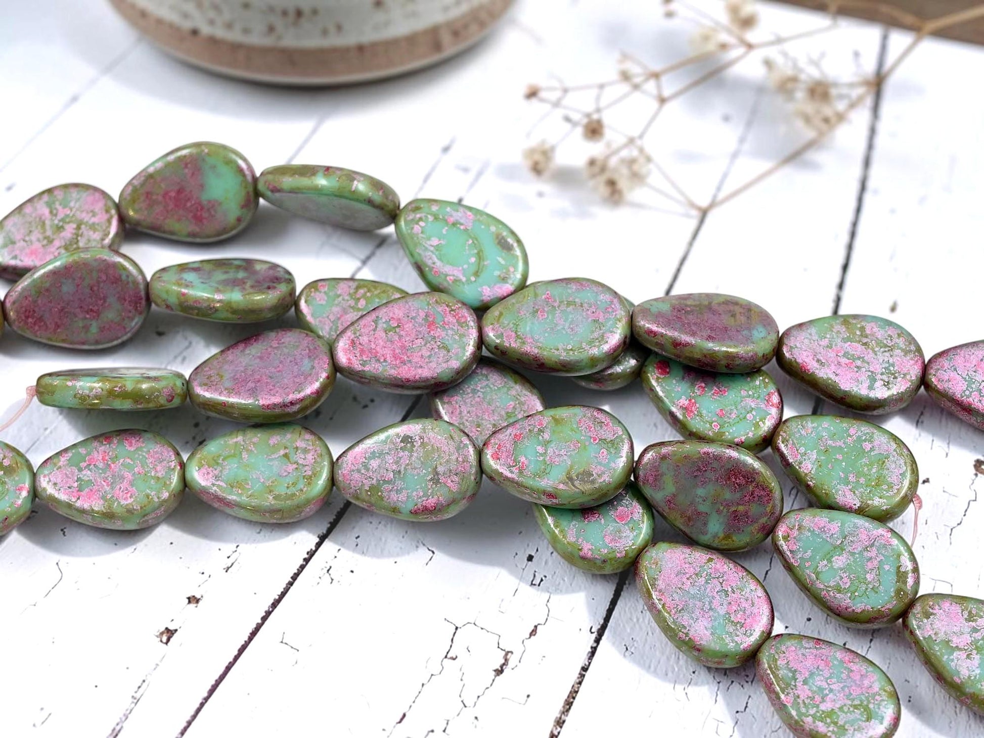 Czech Glass Flat Tear Drop Beads - Pink Washed Sea Green - 8pcs - 18x12mm - (A317)