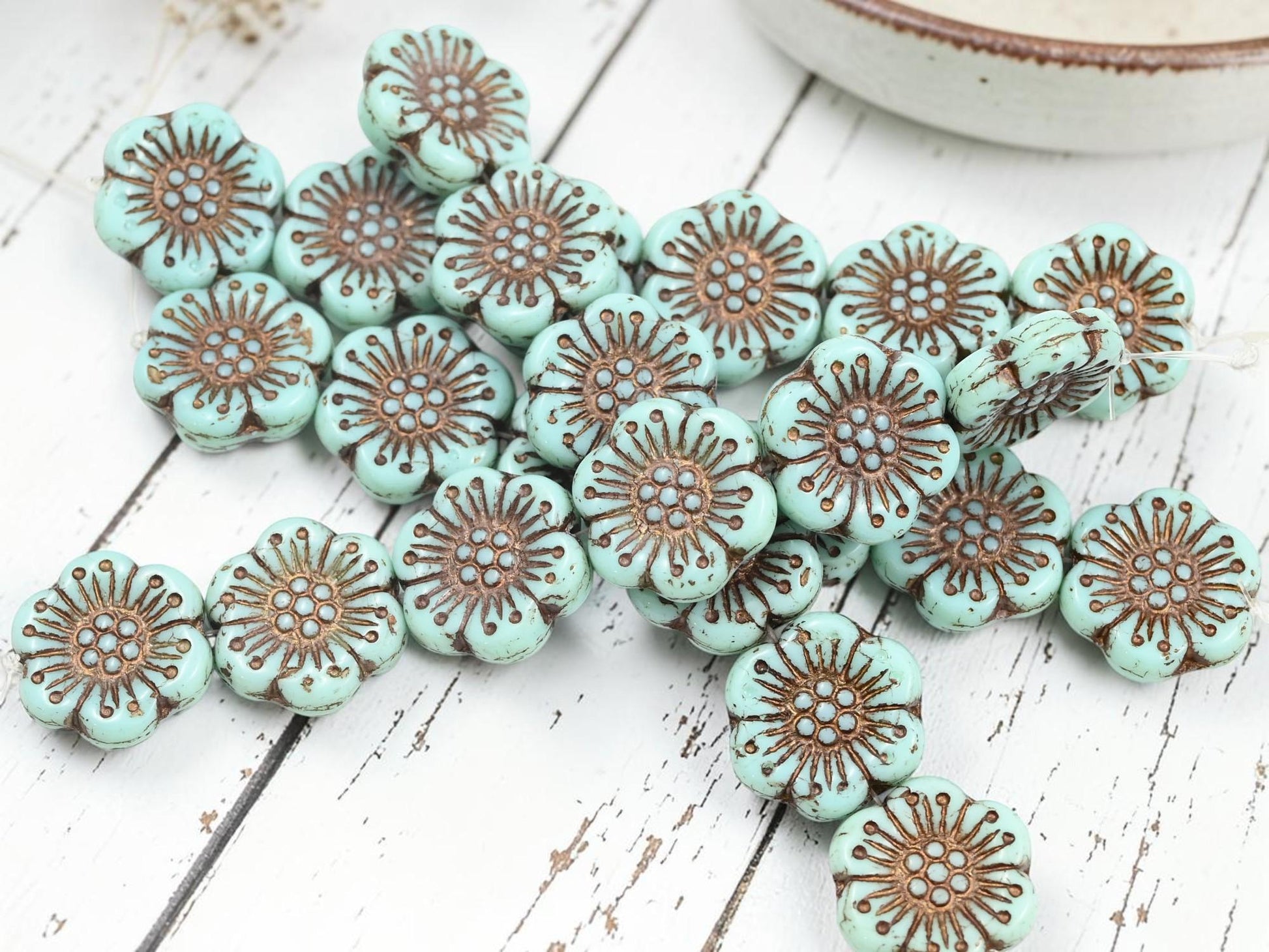 Czech Glass 18mm Wild Flower Beads - Bronze Washed Turquoise - 6pcs - (4153)