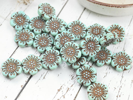 Czech Glass 18mm Wild Flower Beads - Bronze Washed Turquoise - 6pcs - (4153)