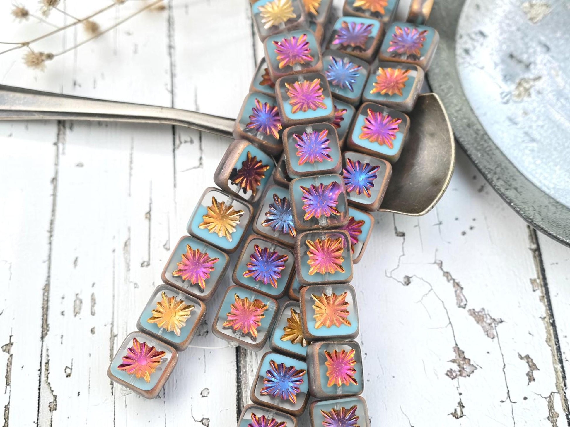 Czech Glass Table Cut Starburst Square Beads - 10mm - 10pcs - (2428)