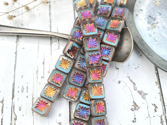 Czech Glass Table Cut Starburst Square Beads - 10mm - 10pcs - (2428)