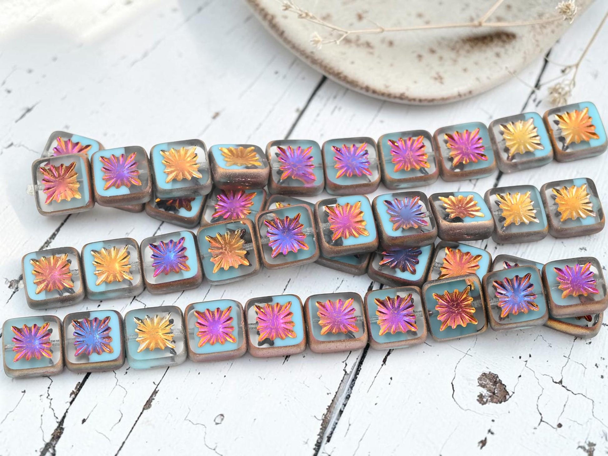 Czech Glass Table Cut Starburst Square Beads - 10mm - 10pcs - (2428)