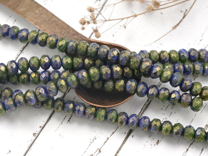 Czech Glass Faceted Fire Polished Rondelle Donut Beads - Bronzed Indigo Olive - 6x8mm - 25pcs - (B299)