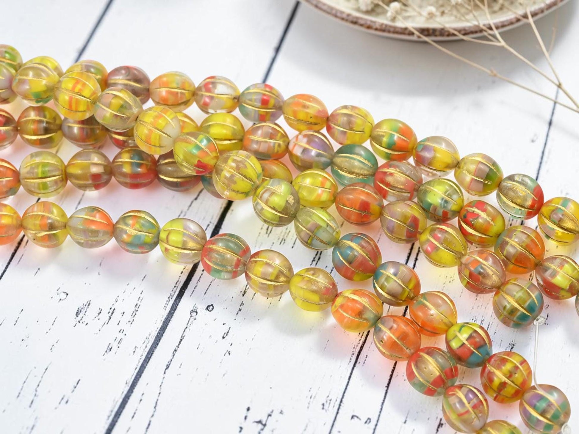 Czech Glass Round Melon Beads - Bronzed Summer Party Blend - 10mm - 15pcs - (B443)