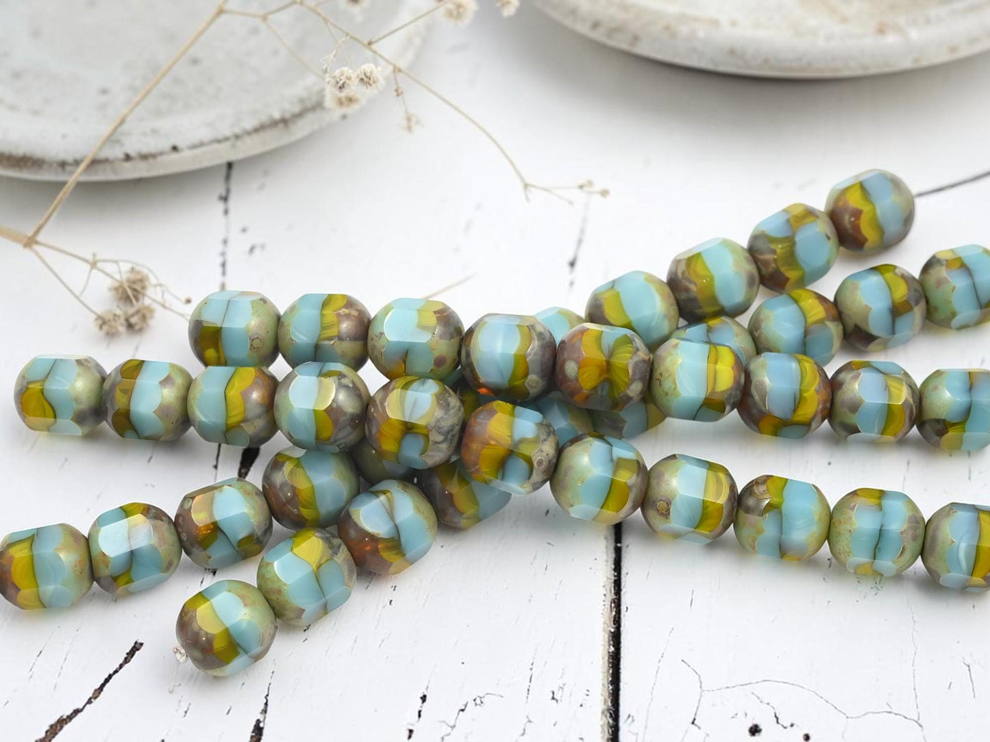Czech Glass Faceted Cathedral Beads - Blue Turquoise Goldenrod Picasso - 10mm - 12pcs - (2471)
