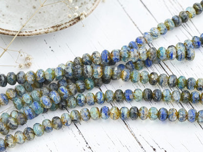 Czech Glass Faceted Fire Polished Rondelle Beads - Blue Aqua Crackle Picasso - 6x8mm - 25pcs - (B391)