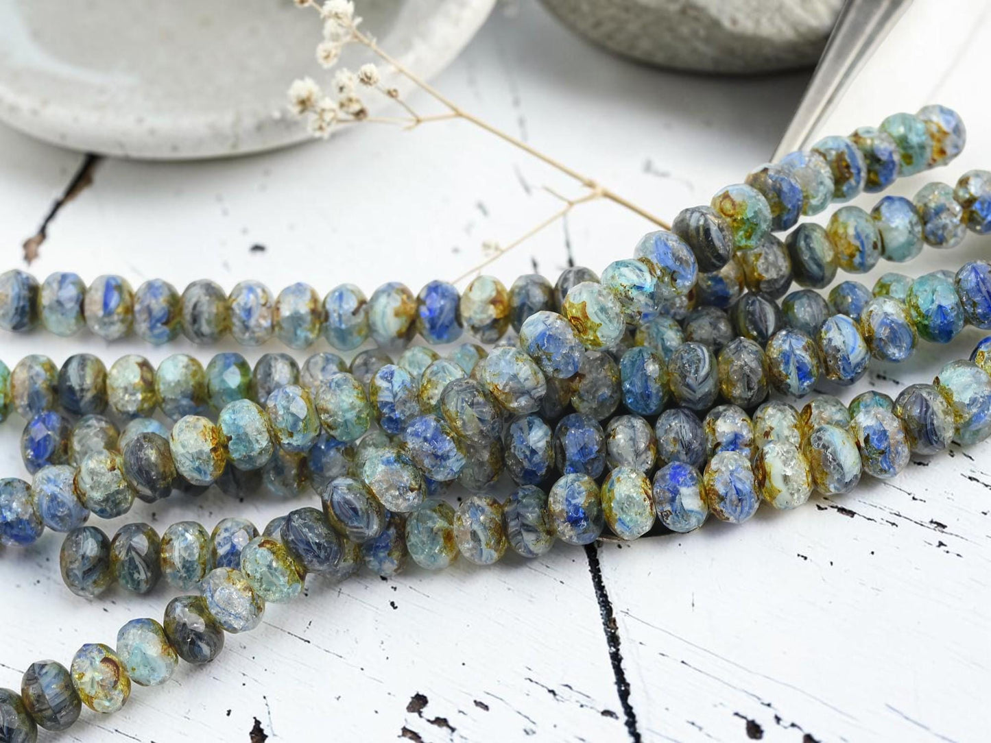Czech Glass Faceted Fire Polished Rondelle Beads - Blue Aqua Crackle Picasso - 6x8mm - 25pcs - (B391)