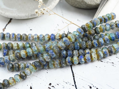 Czech Glass Faceted Fire Polished Rondelle Beads - Blue Aqua Crackle Picasso - 6x8mm - 25pcs - (B391)