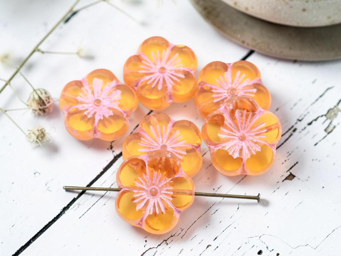 Czech Glass Table Cut Hawaiian Hibiscus Flower Beads - Pink Washed Orange - 21mm - 2pcs - (2279)
