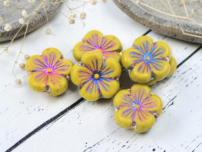Czech Glass Hawaiian Hibiscus Flower Beads - Metallic Volcano Washed Mustard - 21mm - 2pcs - (3035)