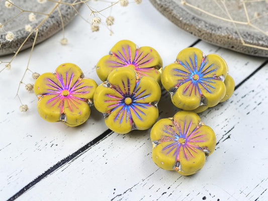 Czech Glass Hawaiian Hibiscus Flower Beads - Metallic Volcano Washed Mustard - 21mm - 2pcs - (3035)