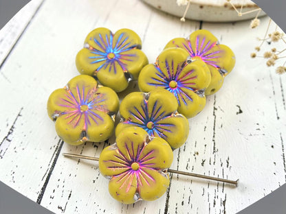 Czech Glass Hawaiian Hibiscus Flower Beads - Metallic Volcano Washed Mustard - 21mm - 2pcs - (3035)