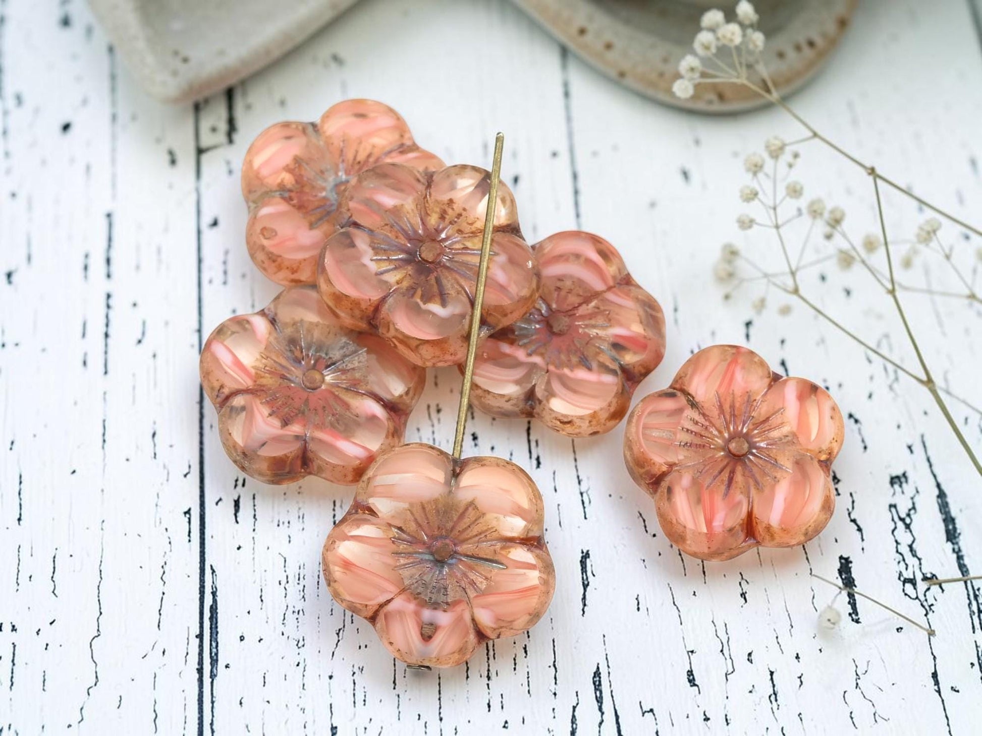 Czech Glass Table Cut Hawaiian Hibiscus Flower Beads - Pink Crystal Picasso - 21mm - 2pcs - (2279)