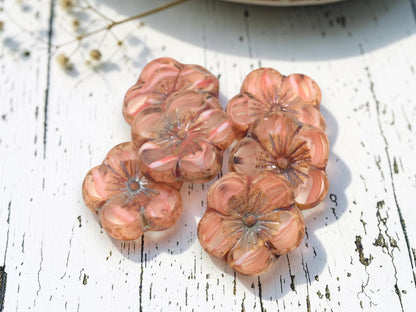 Czech Glass Table Cut Hawaiian Hibiscus Flower Beads - Pink Crystal Picasso - 21mm - 2pcs - (2279)