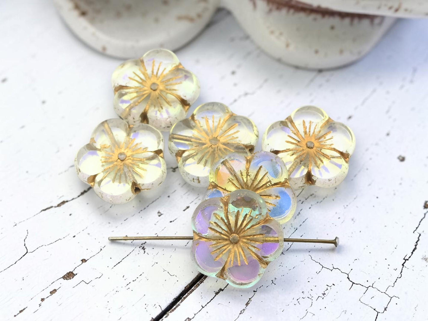 Czech Glass Table Cut Hawaiian Hibiscus Flower Beads - Golden Crystal AB - 21mm - 2pcs - (2755)
