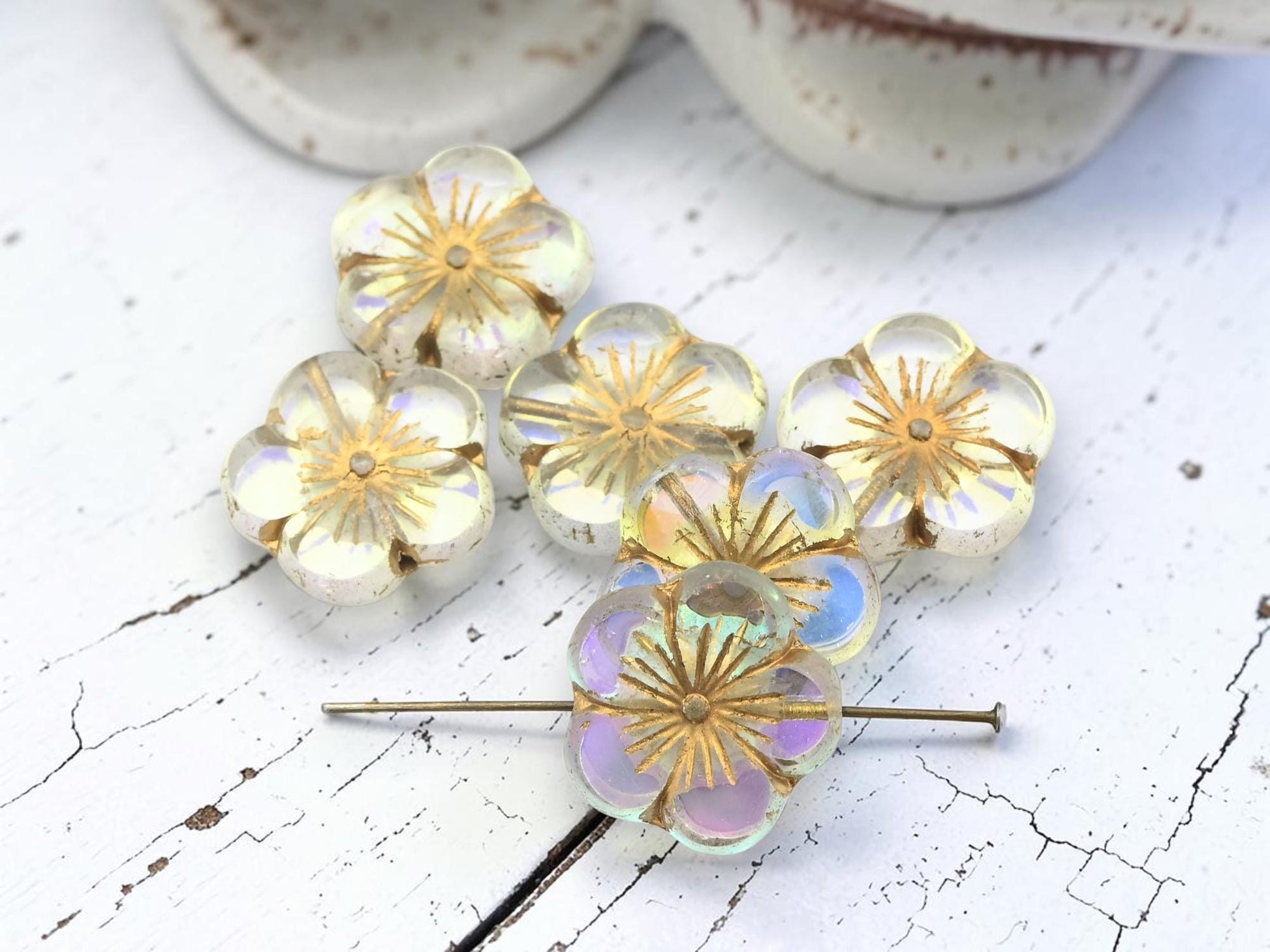 Czech Glass Table Cut Hawaiian Hibiscus Flower Beads - Golden Crystal AB - 21mm - 2pcs - (2755)