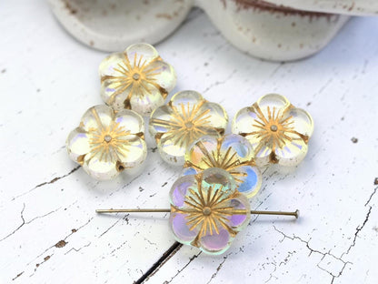 Czech Glass Table Cut Hawaiian Hibiscus Flower Beads - Golden Crystal AB - 21mm - 2pcs - (2755)