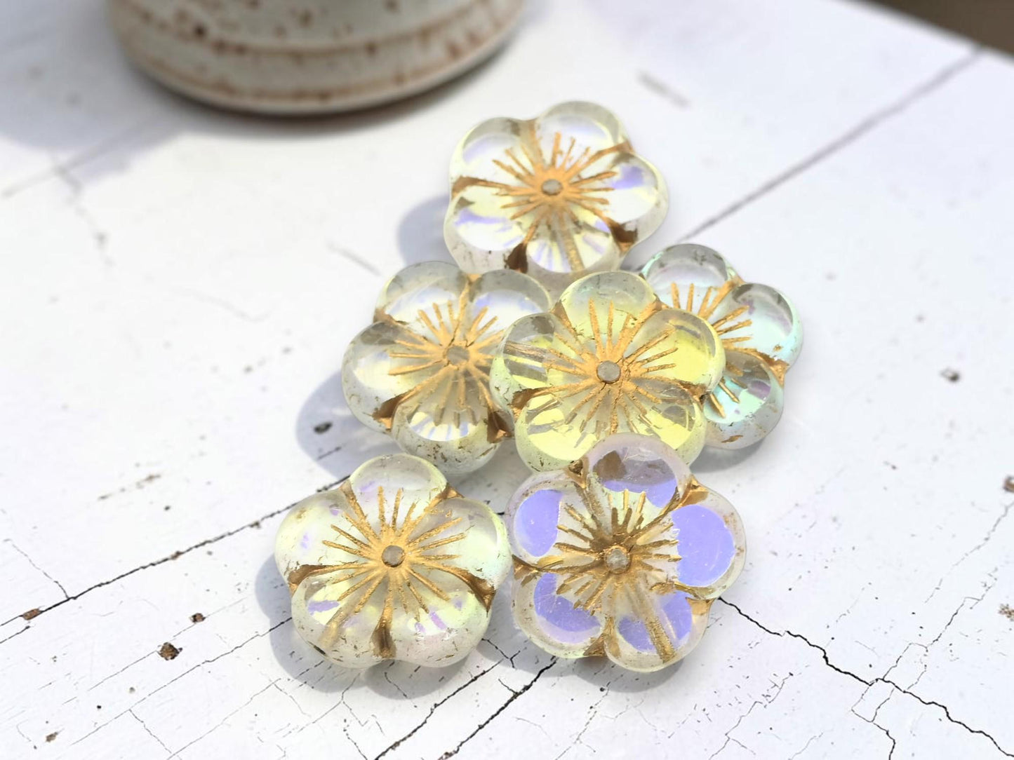 Czech Glass Table Cut Hawaiian Hibiscus Flower Beads - Golden Crystal AB - 21mm - 2pcs - (2755)
