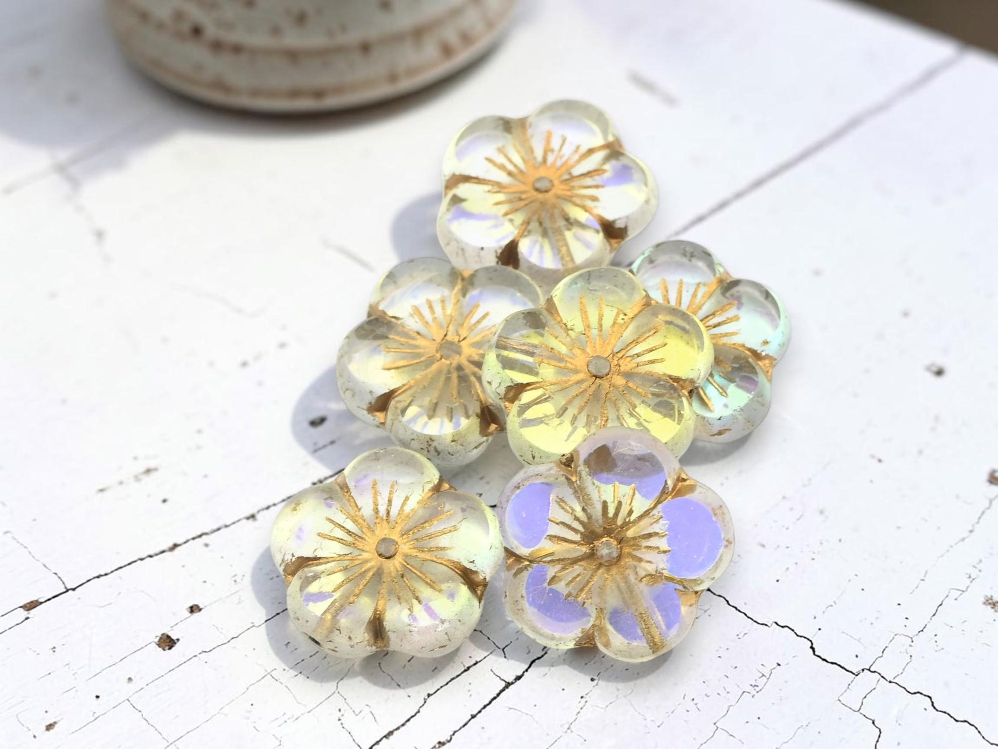 Czech Glass Table Cut Hawaiian Hibiscus Flower Beads - Golden Crystal AB - 21mm - 2pcs - (2755)