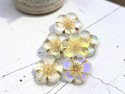 Czech Glass Table Cut Hawaiian Hibiscus Flower Beads - Golden Crystal AB - 21mm - 2pcs - (2755)