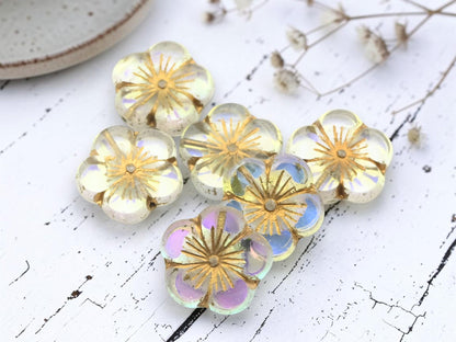Czech Glass Table Cut Hawaiian Hibiscus Flower Beads - Golden Crystal AB - 21mm - 2pcs - (2755)