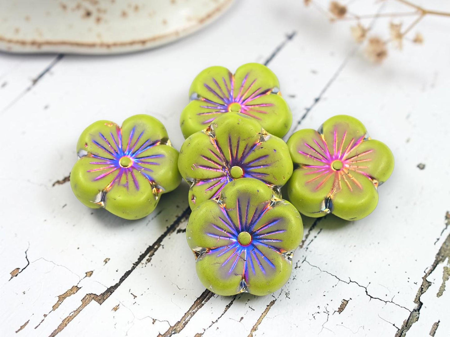 Czech Glass Hawaiian Hibiscus Flower Beads - Metallic Volcano Washed Chartreuse - 21mm - 2pcs - (3272)