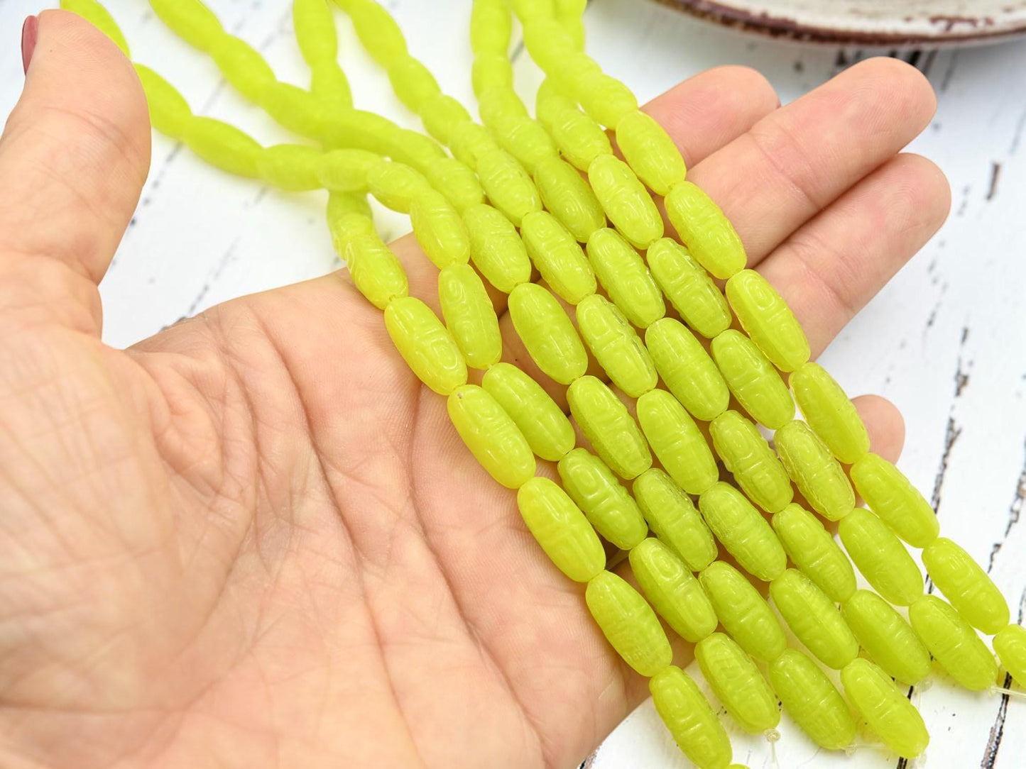 Old Stock Czech Pressed Glass Tribal Design Oval Beads - Chartreuse - 16x7mm - 12pcs Full Strand - (A309)