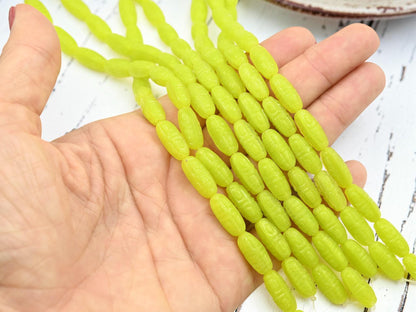 Old Stock Czech Pressed Glass Tribal Design Oval Beads - Chartreuse - 16x7mm - 12pcs Full Strand - (A309)